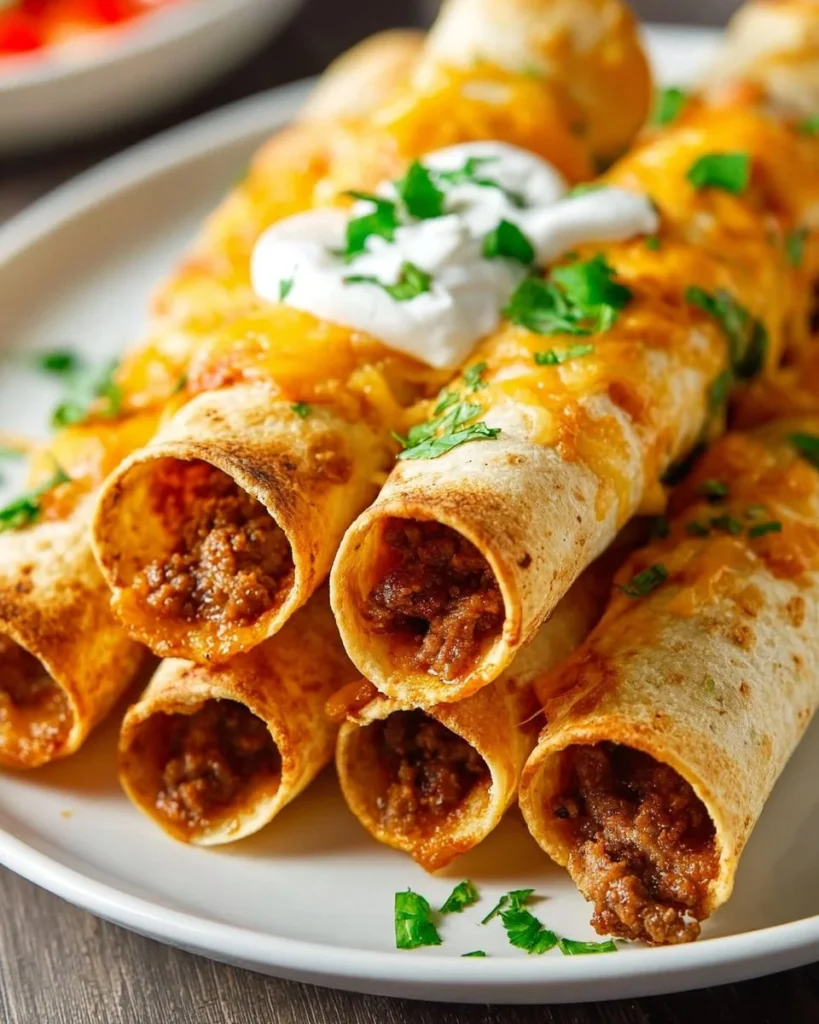 Delicious Baked Beef Taquitos served with fresh toppings.