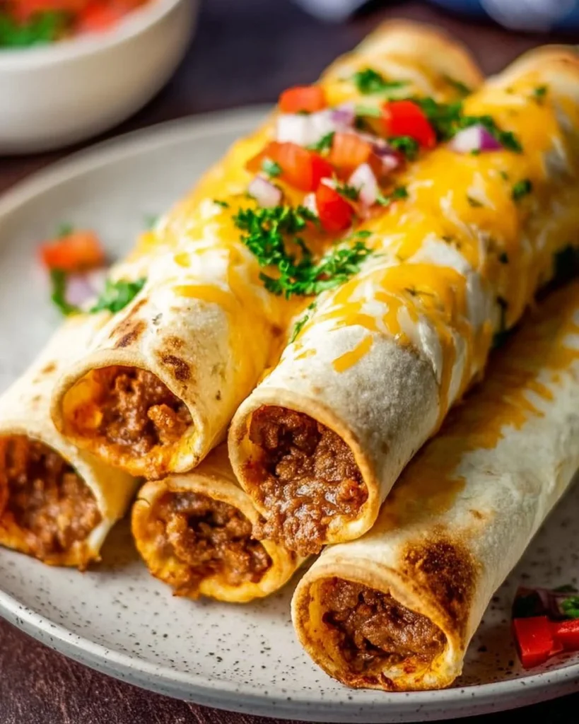 Baked beef taquitos served with salsa and guacamole, a delicious snack.