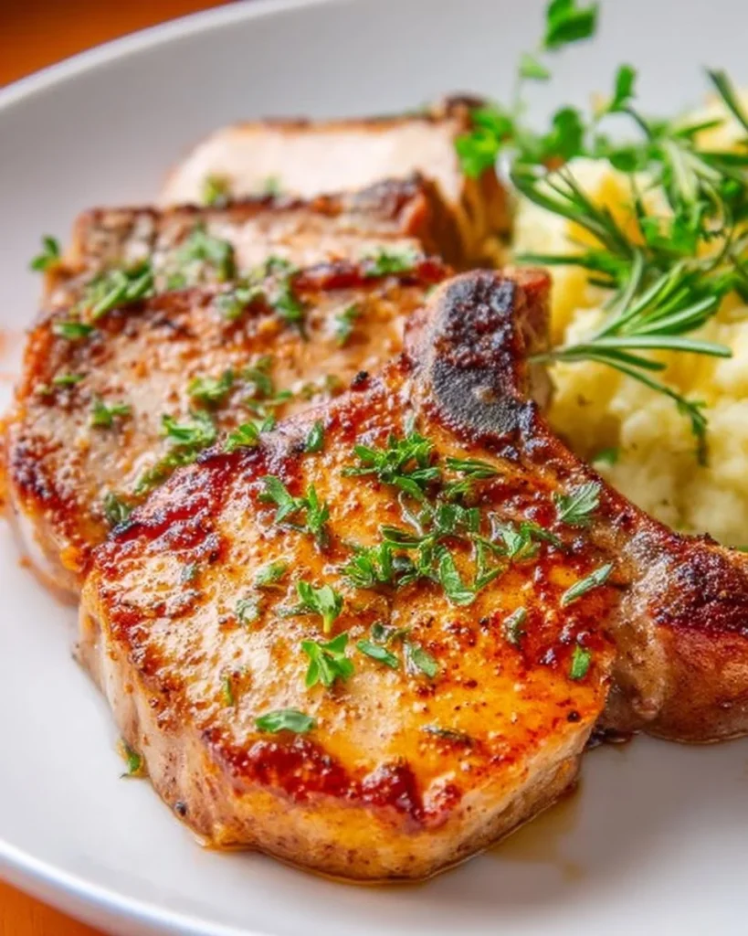 Juicy baked pork chops served with sides on a dinner plate.