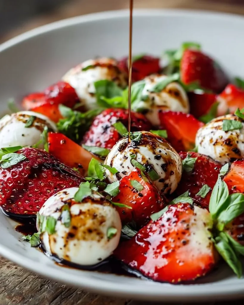 Balsamic Strawberry Caprese Salad featuring strawberries, mozzarella, and basil