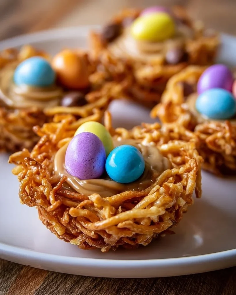 Butterscotch and peanut butter bird nest cookies on a decorative plate