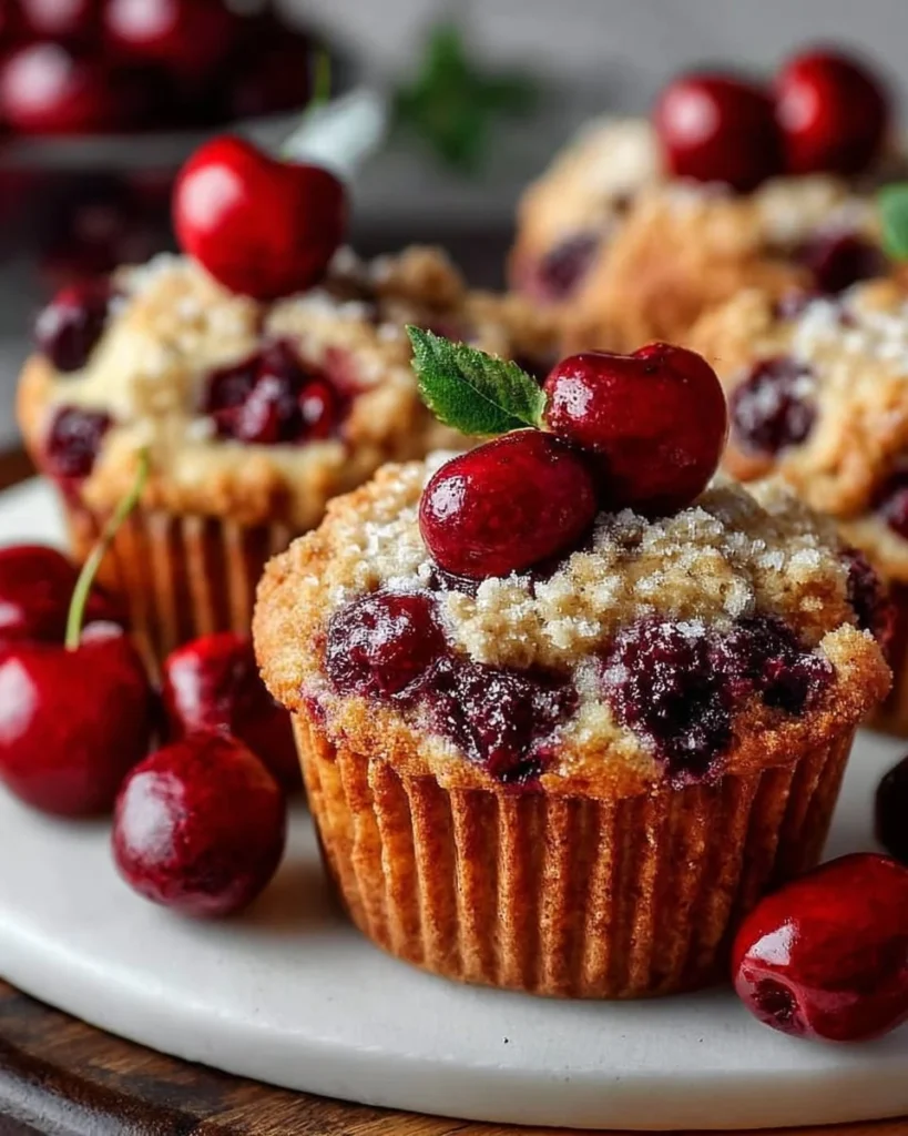 Freshly baked Cherry Cobbler Muffins with cherries on top