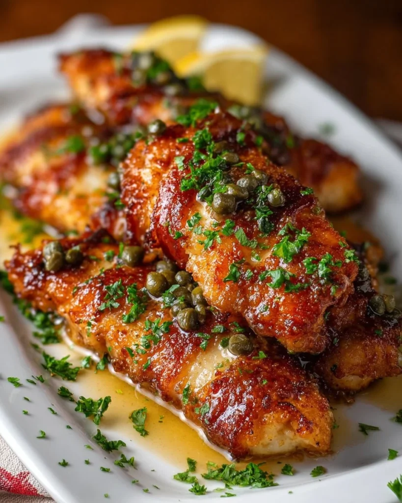 Plate of Chicken Piccata with lemon and capers garnished with parsley