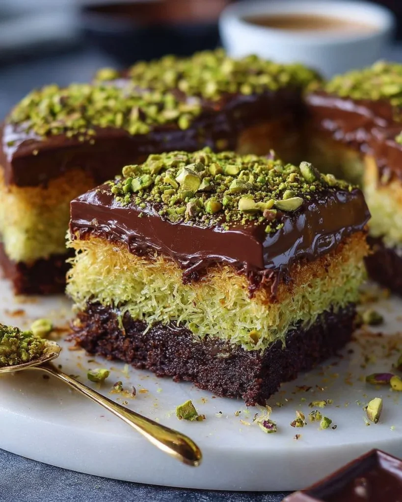 Delicious Chocolate Pistachio Kunafa dessert with sweet chocolate and crunchy pistachios.