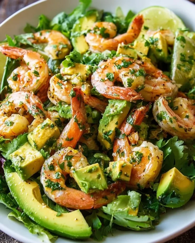 Cilantro Lime Shrimp Salad with Avocado served in a bowl