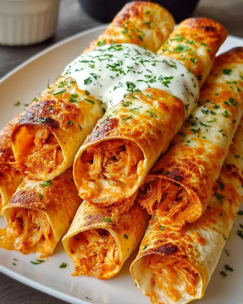 Creamy chicken taquitos served with dipping sauce