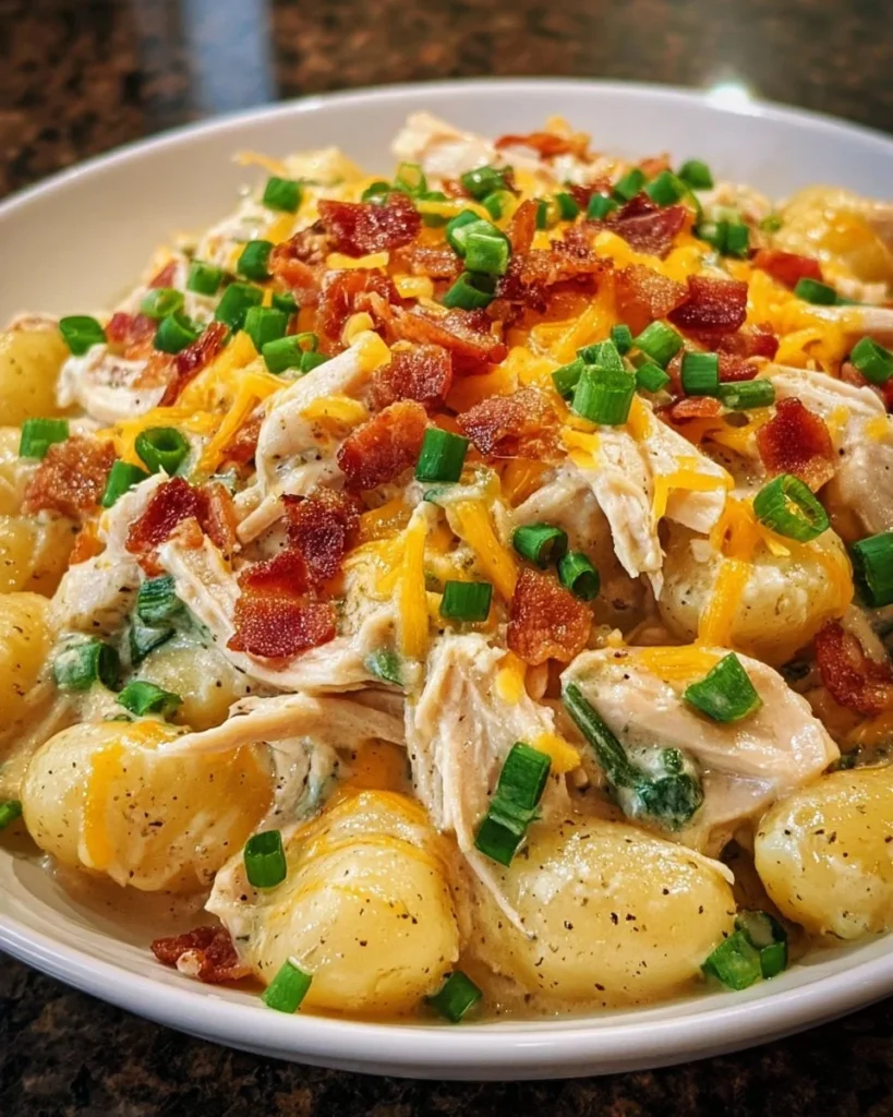 Creamy Crack Chicken Gnocchi served in a bowl with garnishes