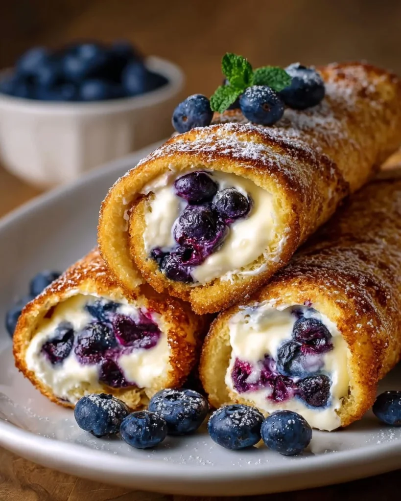 Crispy keto blueberry cream cheese roll-ups on a plate