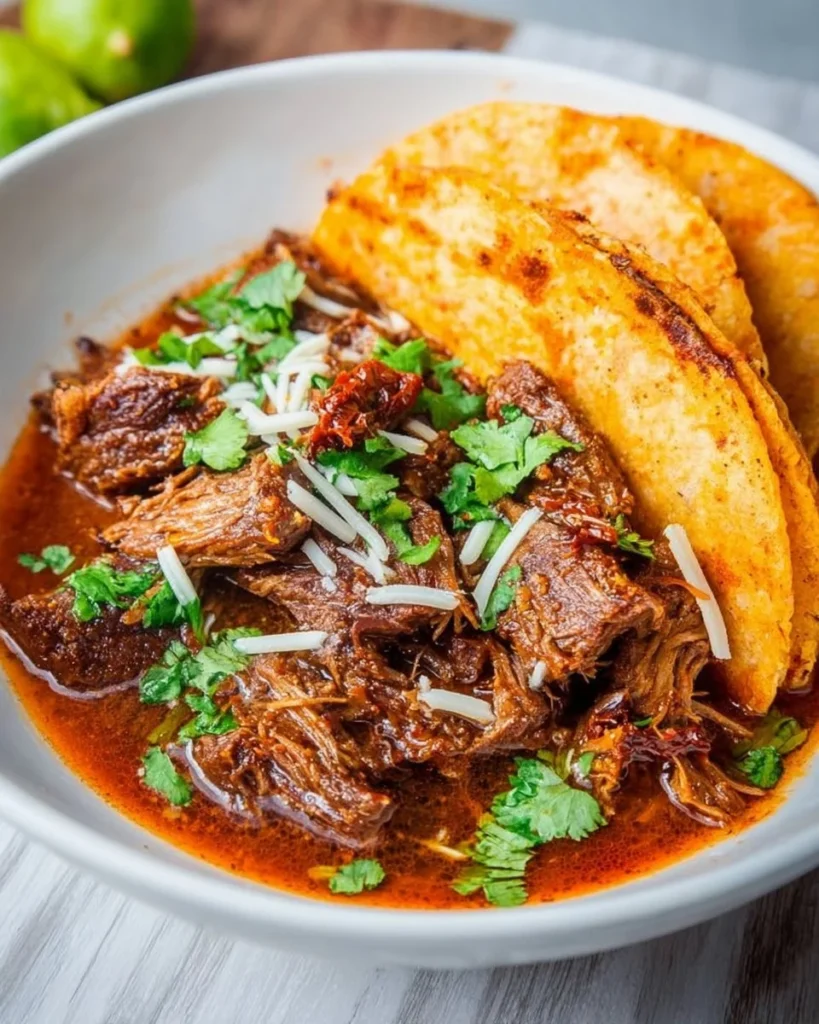 Crockpot Mexican Beef Birria served in a bowl with garnishes