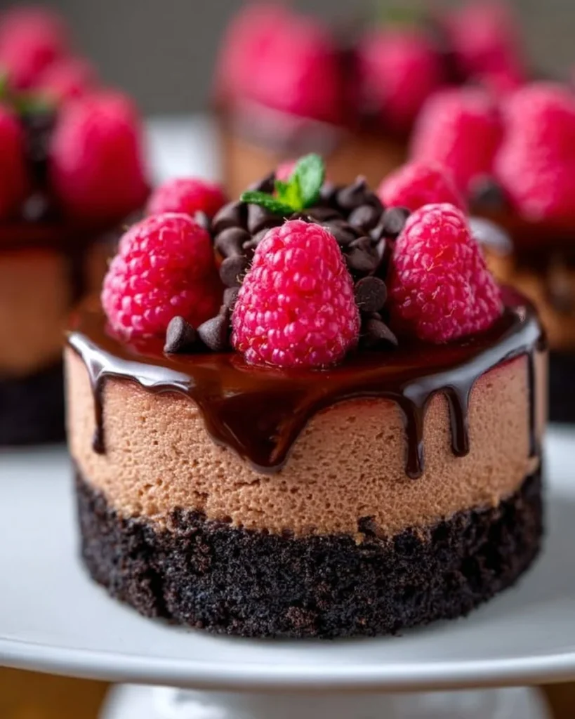 Slice of dark chocolate raspberry cheesecake on a plate