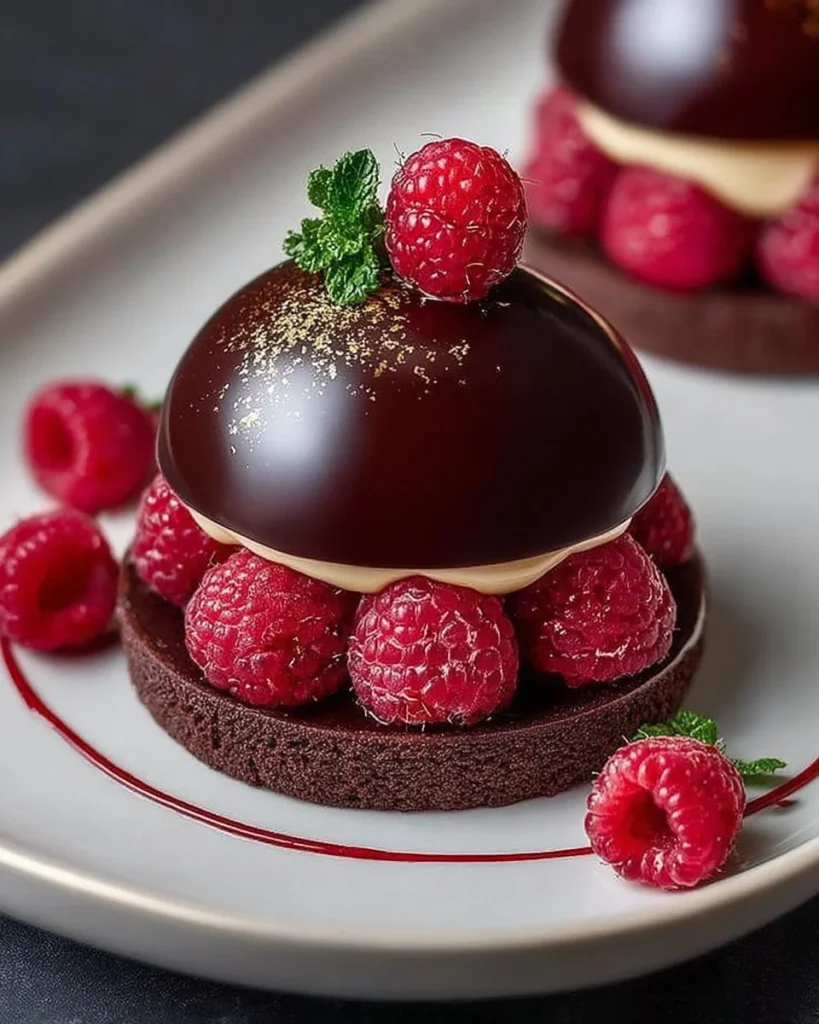 Delicious dark chocolate raspberry mousse dome dessert