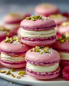 Decadent raspberry pistachio macarons elegantly presented on a dessert platter.