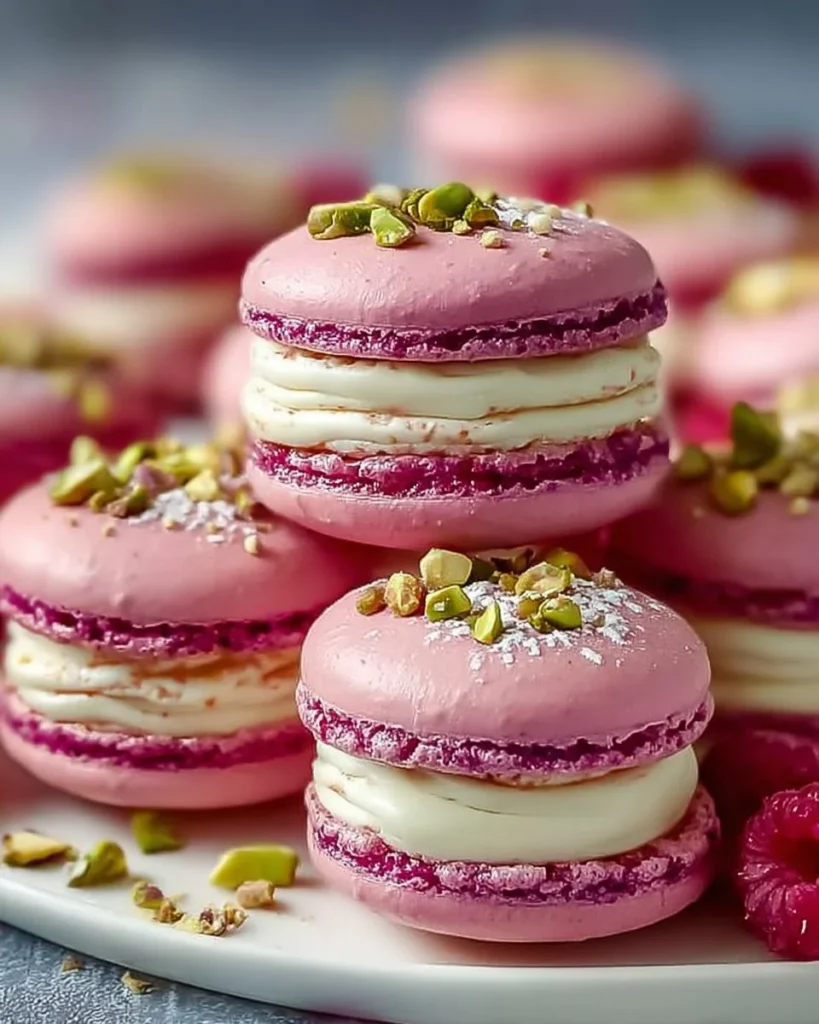 Decadent raspberry pistachio macarons elegantly presented on a dessert platter.