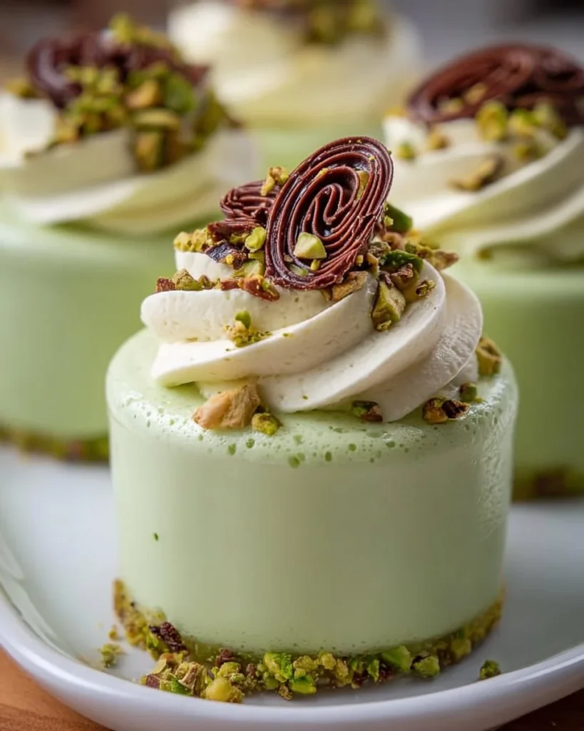 Decadent pistachio mousse cups topped with crushed pistachios