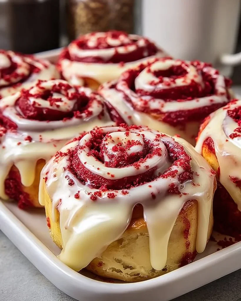 Decadent red velvet cinnamon rolls topped with cream cheese icing