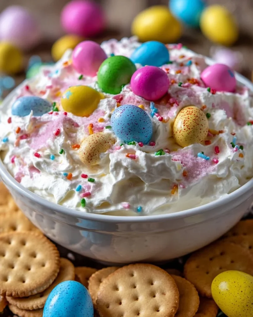 Colorful Easter Dessert Dip served in a bowl with festive decorations around it.