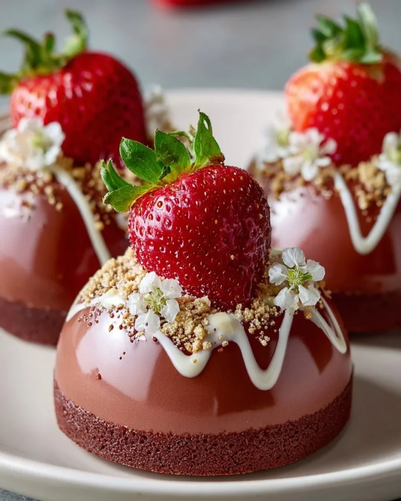 Easy chocolate strawberry mousse domes dessert in elegant presentation