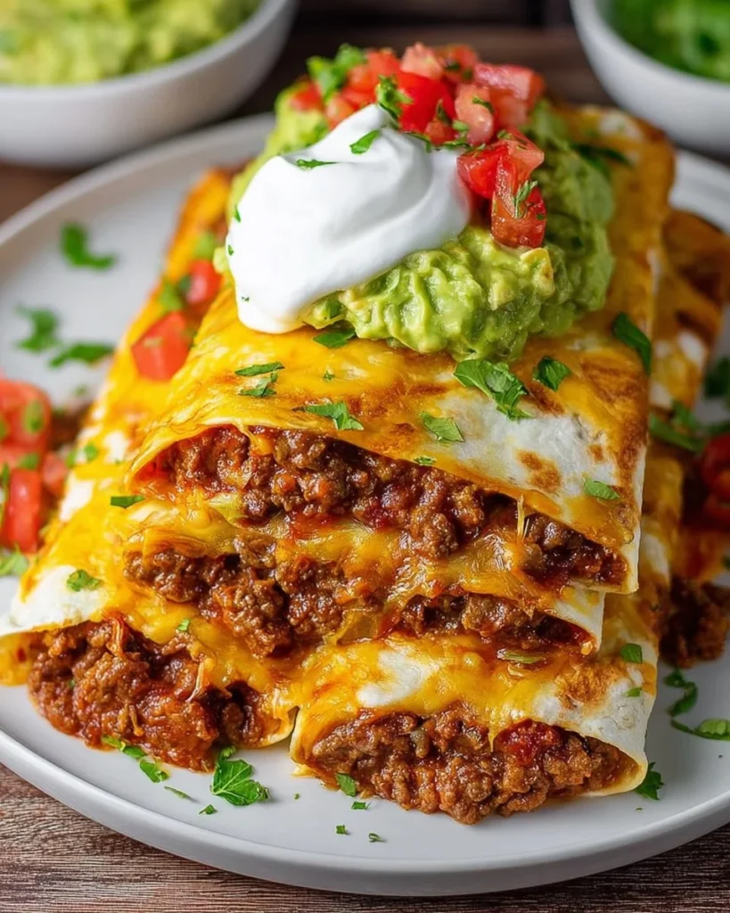 Ground beef tortillas served with toppings on a colorful plate