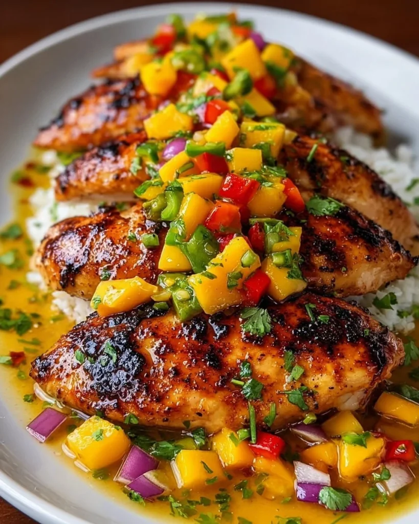 Delicious Honey Lime Chicken topped with fresh Mango Salsa on a plate.
