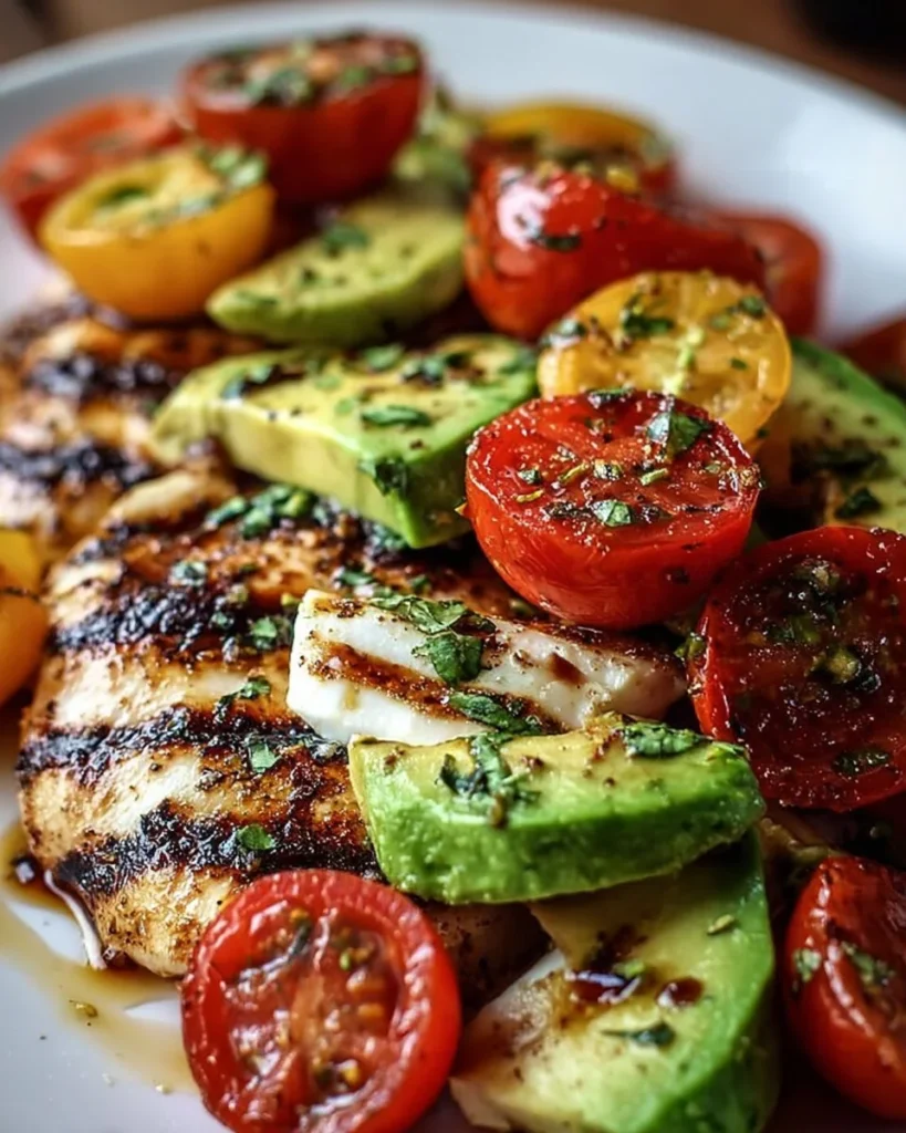 Juicy grilled avocado chicken served with fresh toppings and garnishes