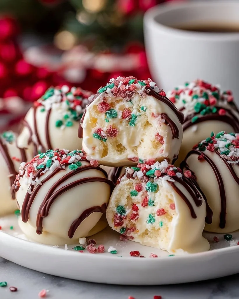 Delicious Little Debbie Christmas Tree Cake Balls decorated for the holidays.