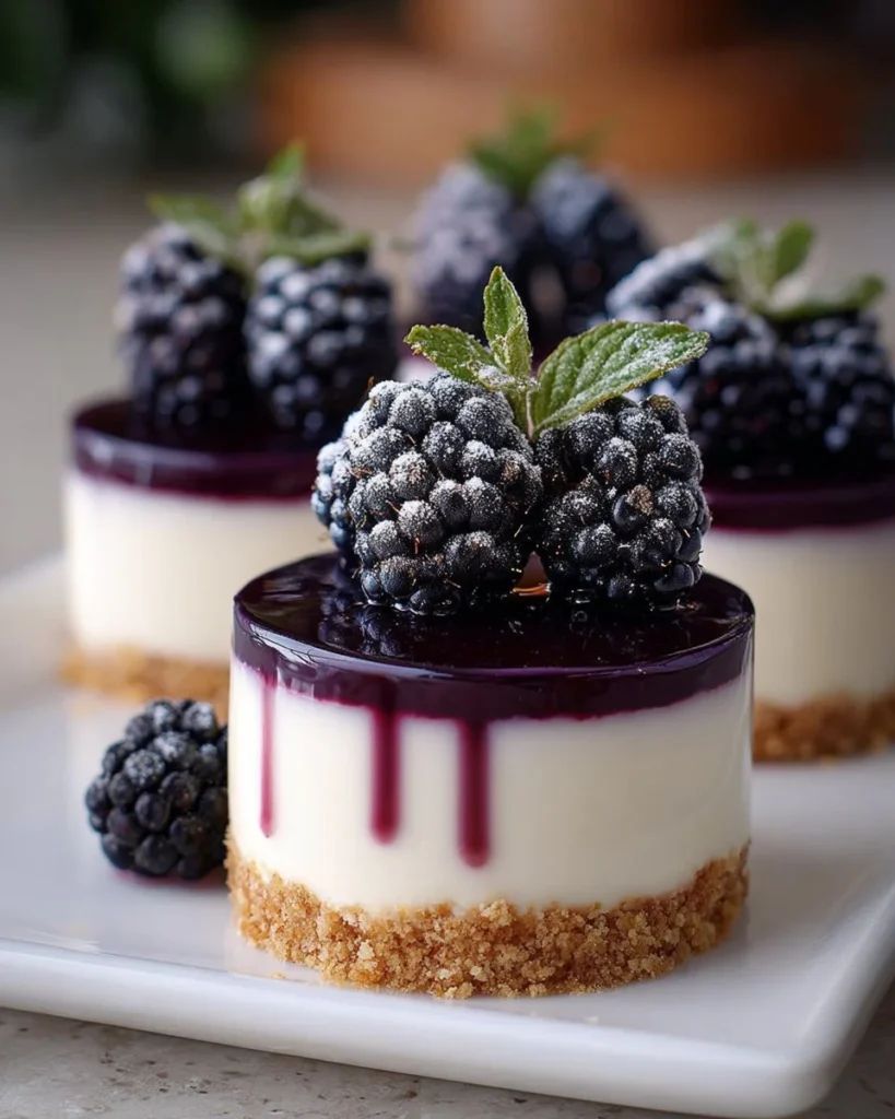 Mini Blackberry Mousse Cakes topped with fresh blackberries and cream