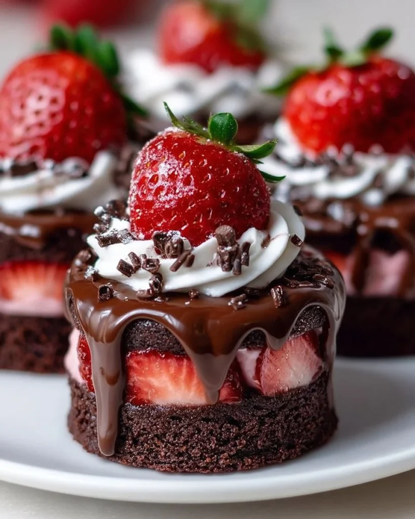 Mini strawberry chocolate cakes topped with fresh strawberries and chocolate drizzle