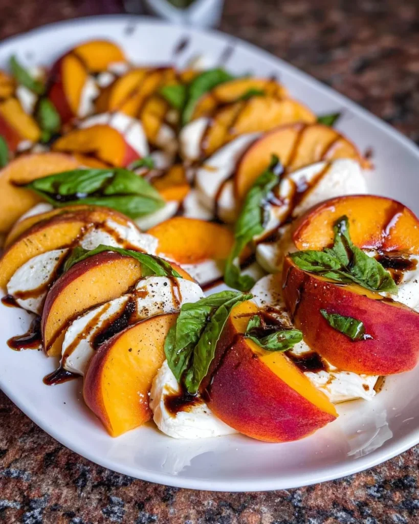 Peach Caprese Salad with mozzarella and basil on a white plate
