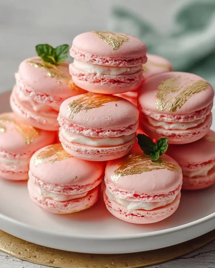 Delicious homemade Peach Macarons on a decorative plate