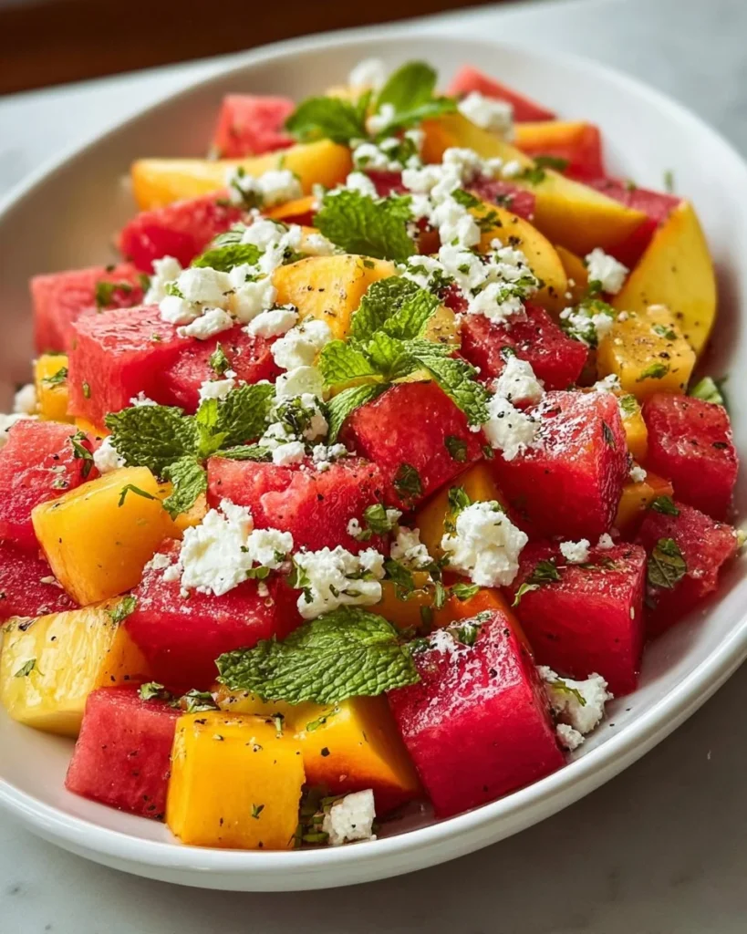 Delicious and colorful Peach Watermelon Salad with fresh ingredients