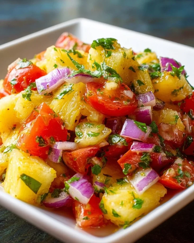 Fresh pineapple salsa with herbs and spices in a bowl