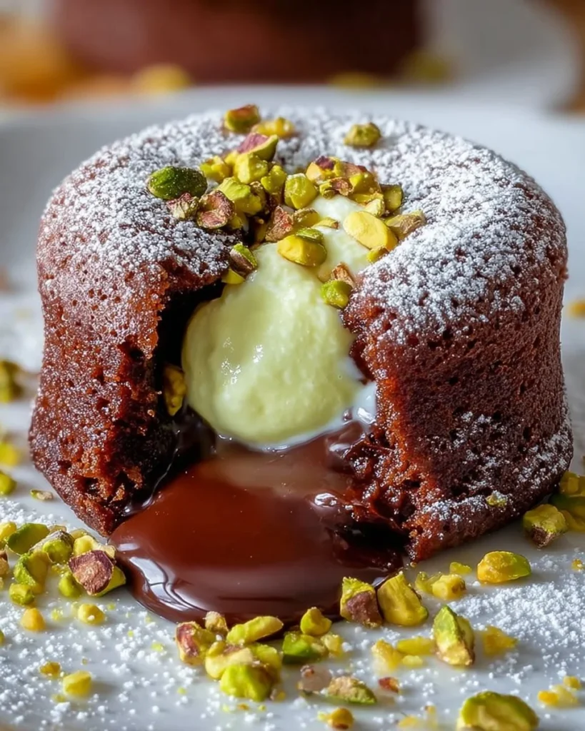 Delicious Pistachio Chocolate Lava Cake with a molten chocolate center
