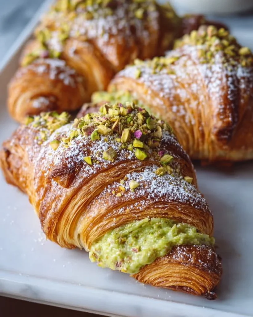 Freshly baked pistachio croissant with a flaky, golden crust and nutty filling
