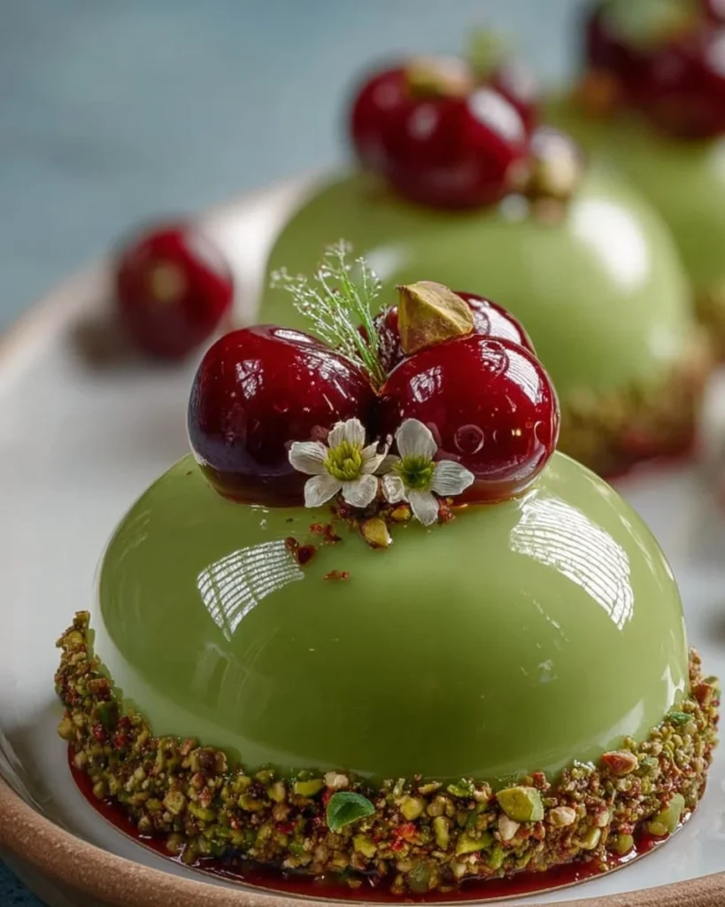 Pistachio Sour Cherry Spring Jewel Mirror Glaze Domes dessert with a shiny finish