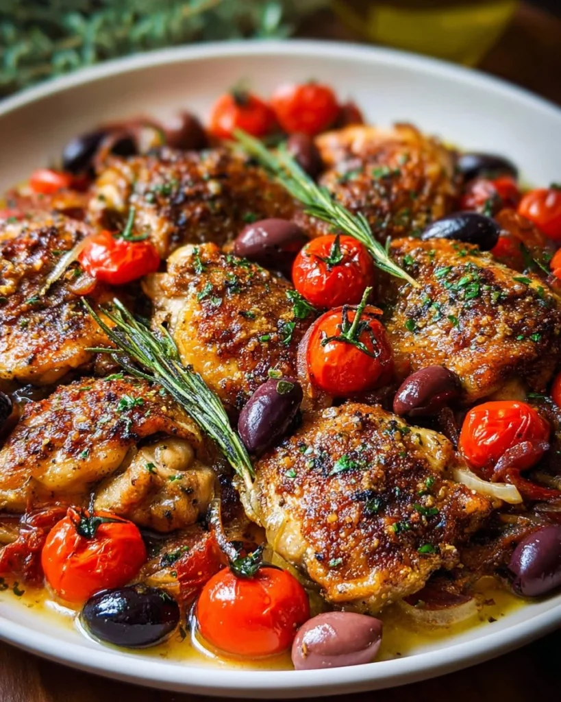 Delicious Provencal Chicken dish garnished with fresh herbs and olives