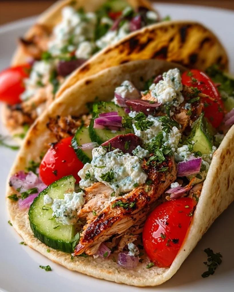 Plate of quick Mediterranean chicken tacos with fresh ingredients