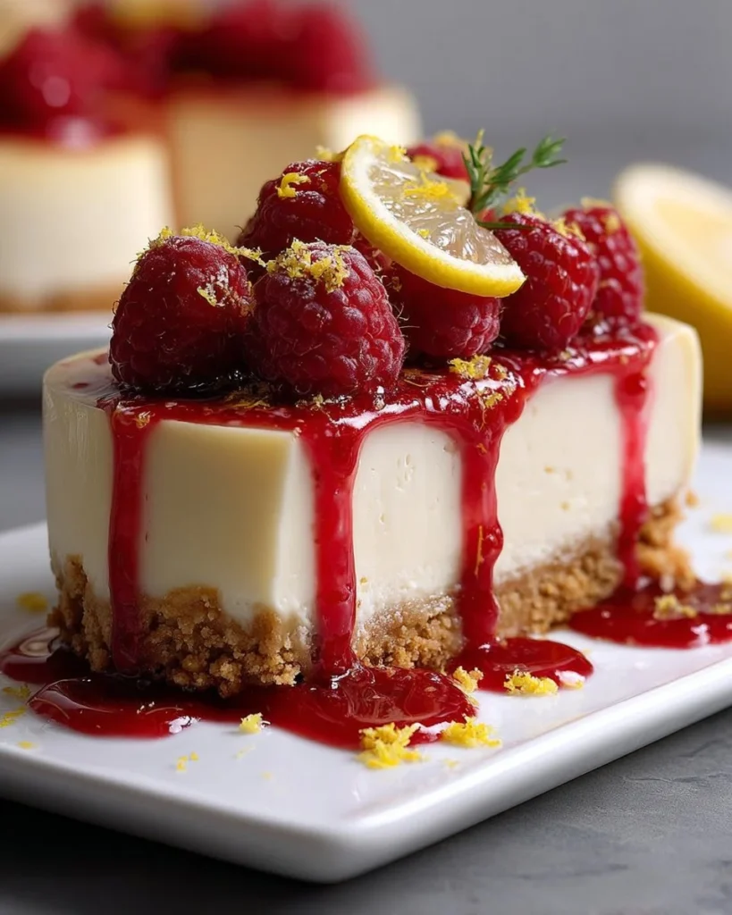 Delicious Raspberry Lemon Cheesecake with fresh raspberries on top