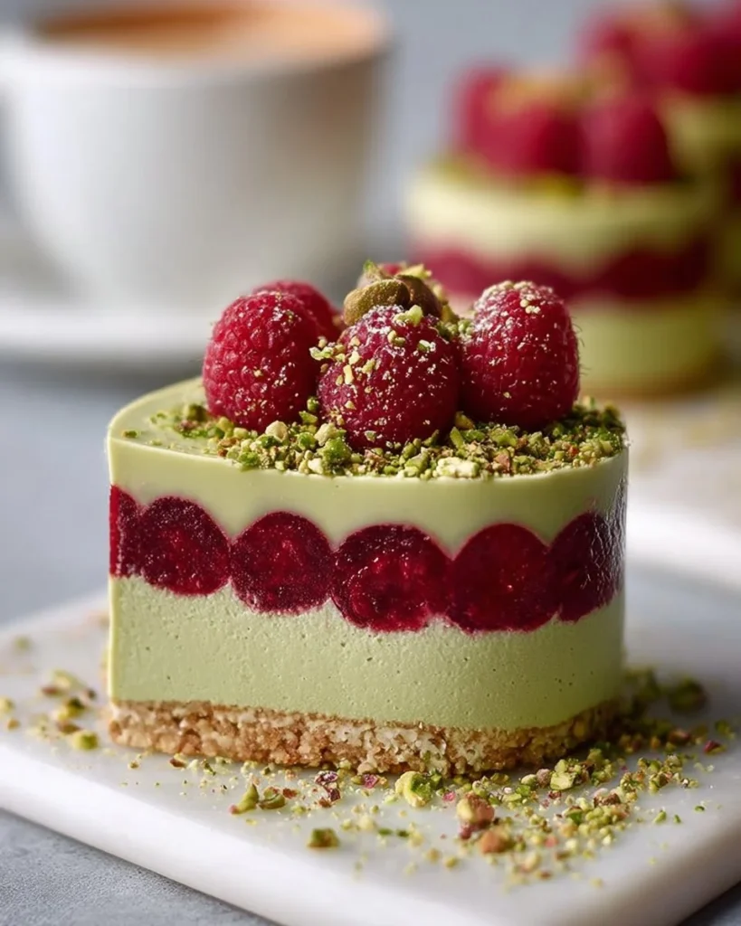 Delicious Raspberry Pistachio Mousse Cake served on a plate with garnishes