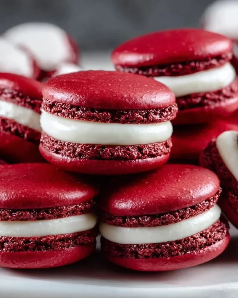 Delicious Red Velvet Macarons displayed on a elegant plate, showcasing their vibrant color.