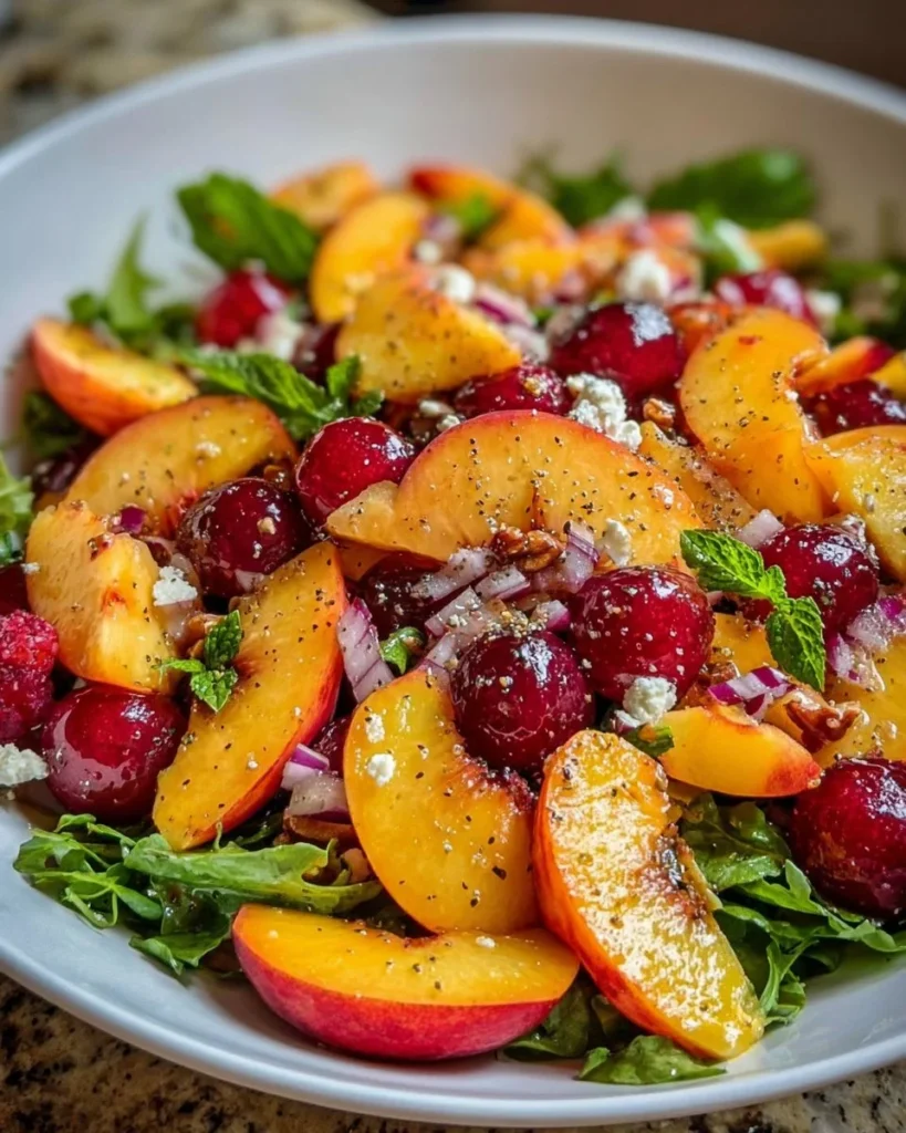 Refreshing summer peach salad with colorful fruit and greens