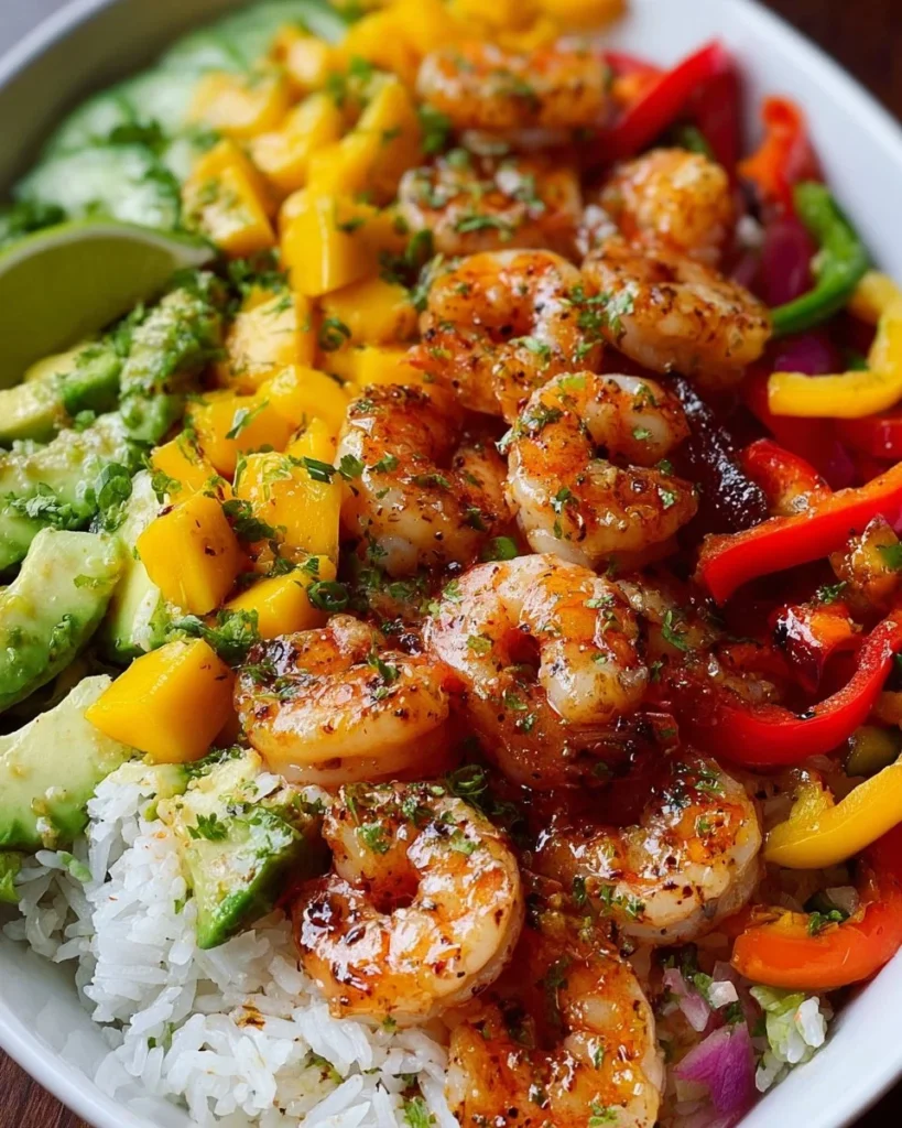 Shrimp avocado mango rice bowl with fresh ingredients and colorful presentation.