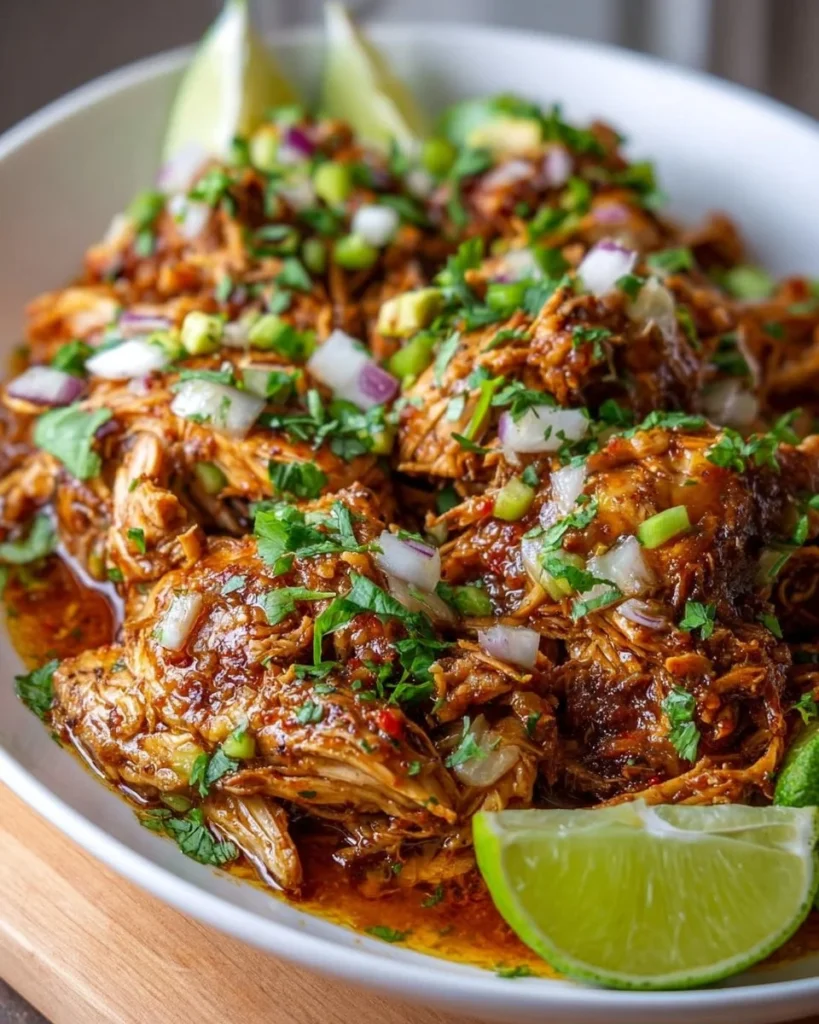 Delicious slow cooker chicken carnitas served in tacos with fresh toppings