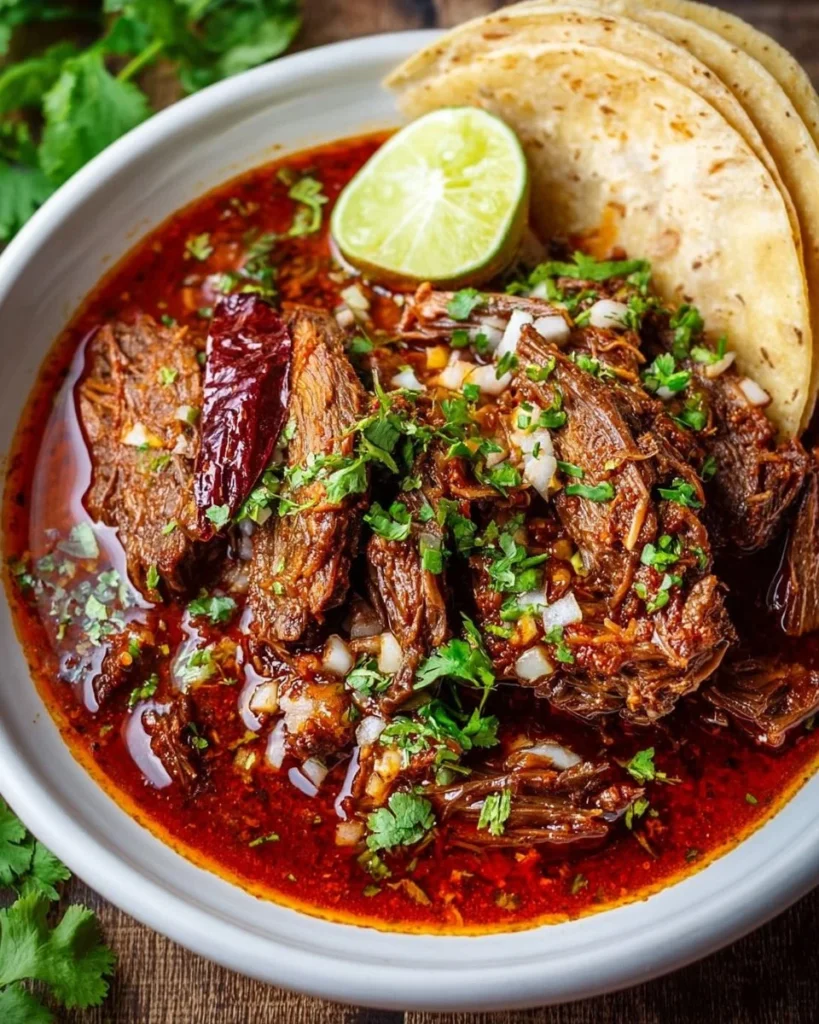 Delicious slow cooker Mexican beef birria served with tortillas and toppings