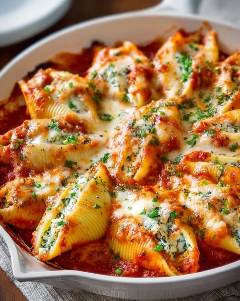 Baked stuffed shells filled with ricotta cheese and topped with marinara sauce
