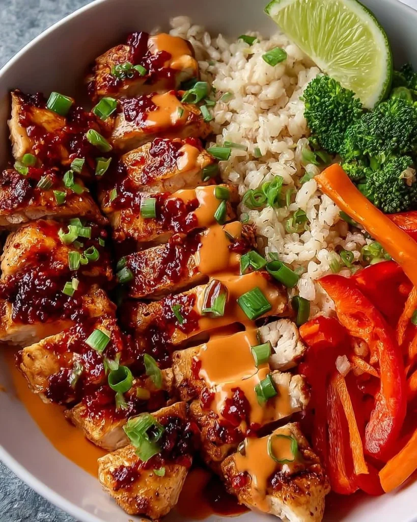 Delicious Sweet Chili Chicken Bowl with fresh vegetables and rice