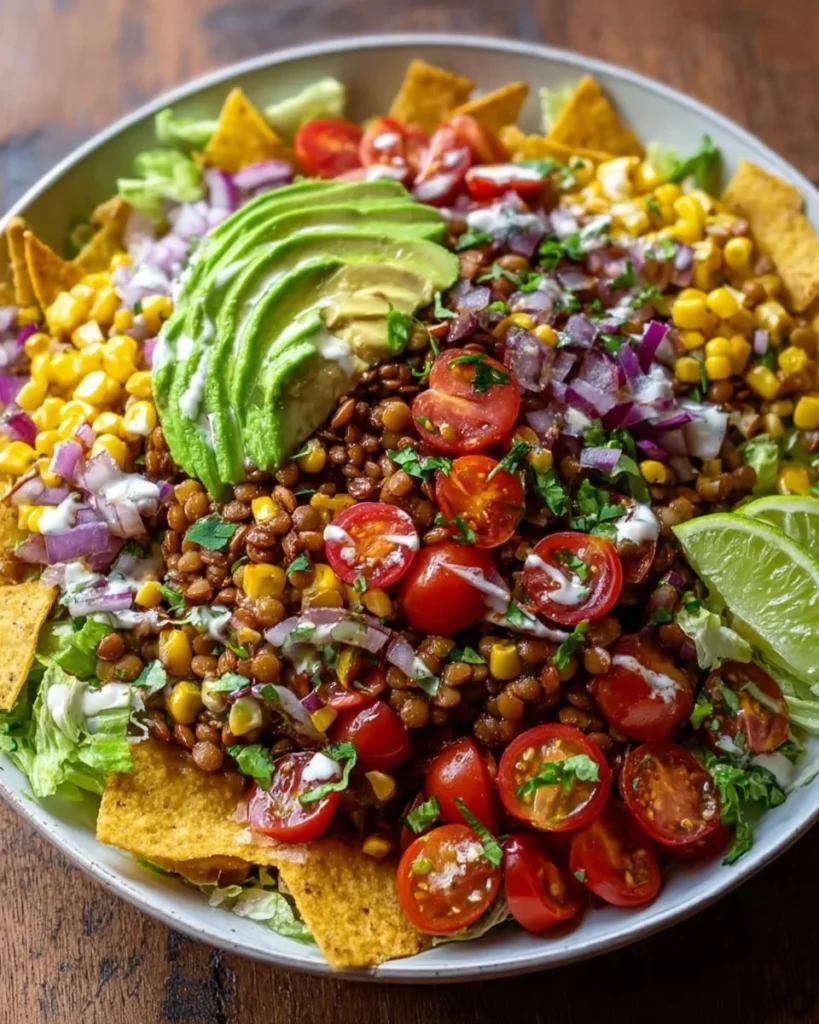Colorful taco salad with fresh ingredients in a bowl