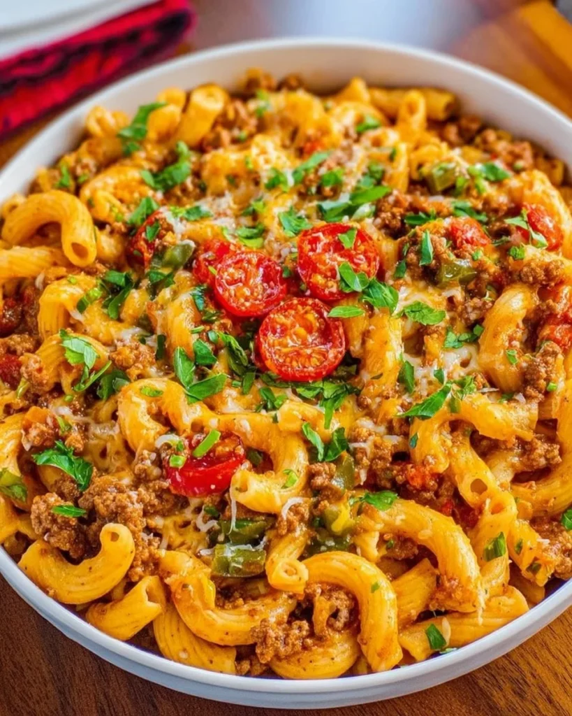 Plate of Tex Mex Pasta garnished with fresh cilantro and avocado