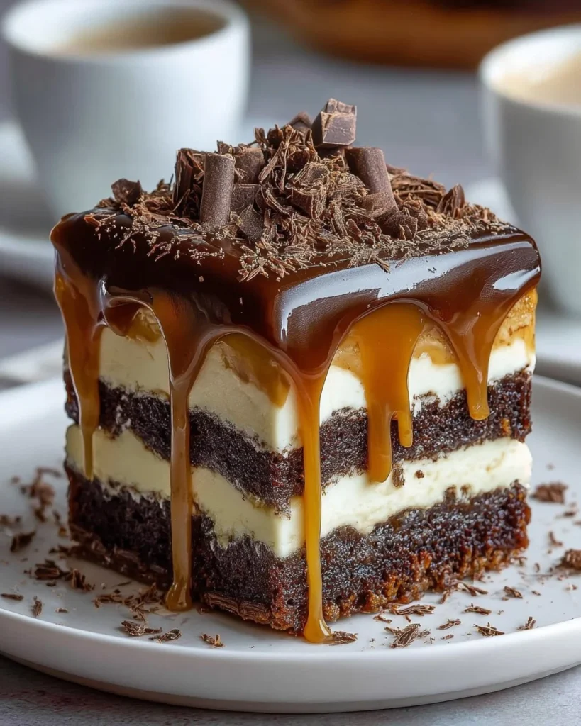 Tiramisu-inspired caramel brownies topped with creamy caramel and cocoa powder