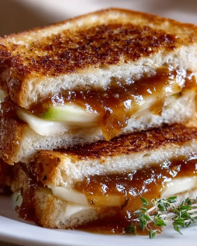 Delicious Apple Butter and Brie grilled cheese sandwich on a plate.