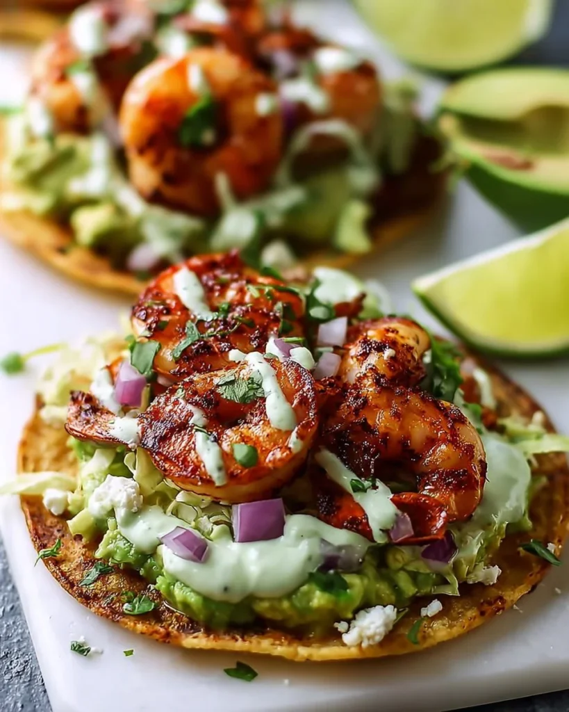 Avocado and Chipotle Shrimp Tostadas with Cilantro Lime Crema on a platter